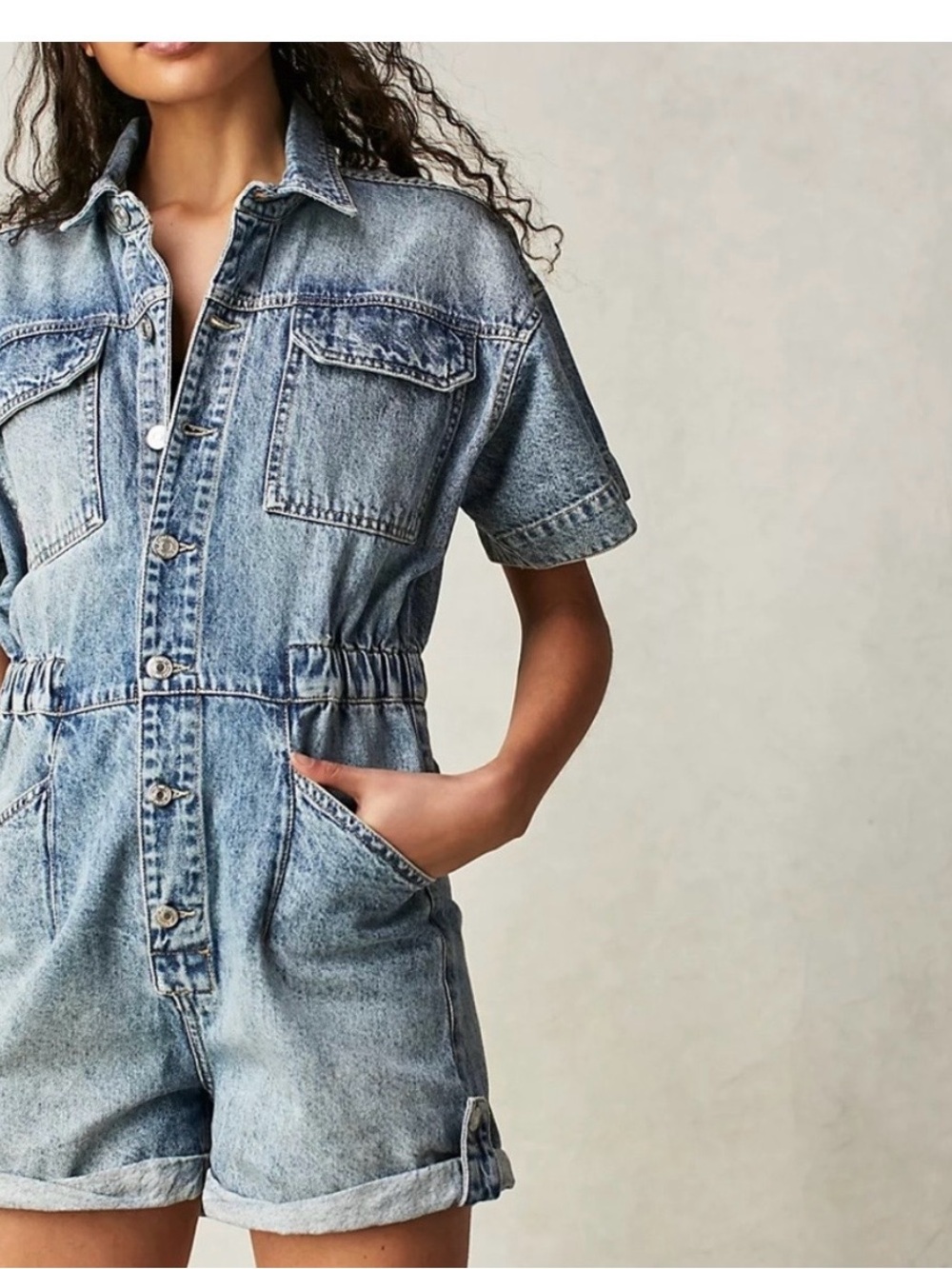 Free People Marci Romper denim shorts Women’s Light Blue Denim Romper Shorts